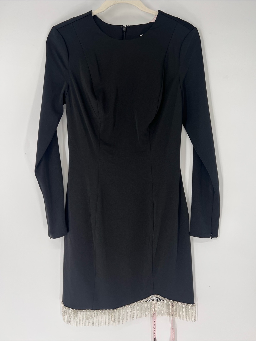 Mac Duggal Black Long-Sleeve Scoop Neck Fringe Embellished Hem Mini Dress 2 NWT